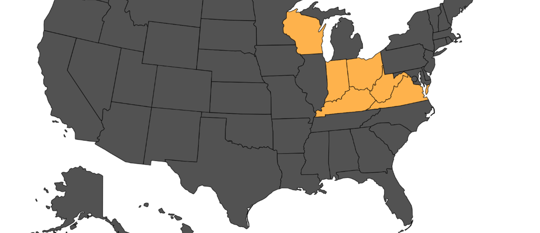 USA map highlighting Kentucky, Indiana, Ohio, Virginia, and West Virginia